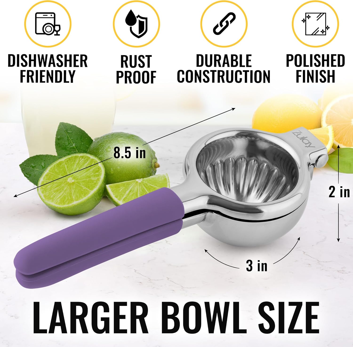 Zulay – Exprimidor de limón de acero inoxidable con cuenco exprimidor de metal sólido de alta calidad y asas de silicona de grado alimenticio,