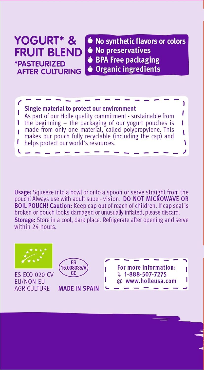 Holle Bolsas de yogur para bebés  Yogur orgánico con puré de manzana, plátano y bayas  Bolsas de yogur bebibles para niños y bebés de 8 meses en