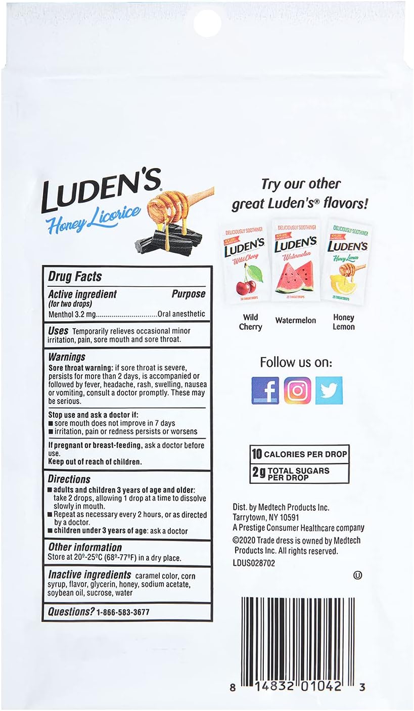 Luden’s Gotas calmantes para la garganta, regaliz de miel, 30 unidades (paquete de 1)