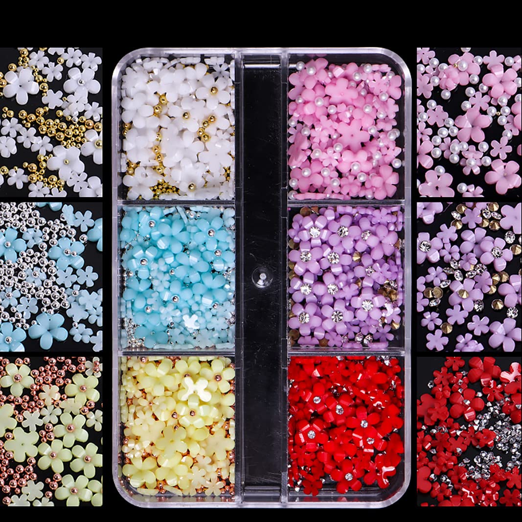 XEAOHESY 2 cajas de flores 3D para uñas, dijes de uñas de flores con cuentas de caviar de metal, perlas, flores de resina, diseño de uñas,