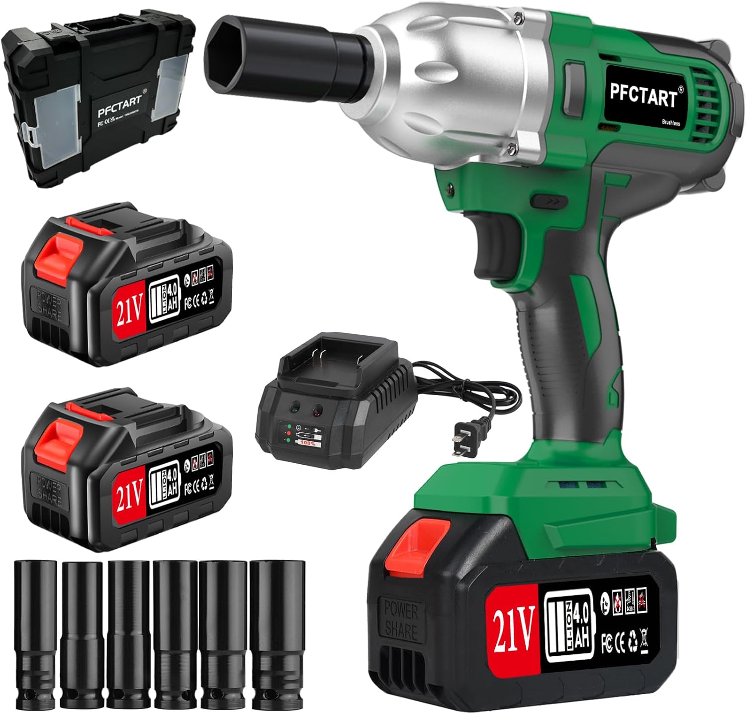 Kit de llaves de impacto sin escobillas de 12 pulgada 800 Nm, 2 baterías de 4.0 Ah, 6 enchufes, caja de herramientas de almacenamiento para
