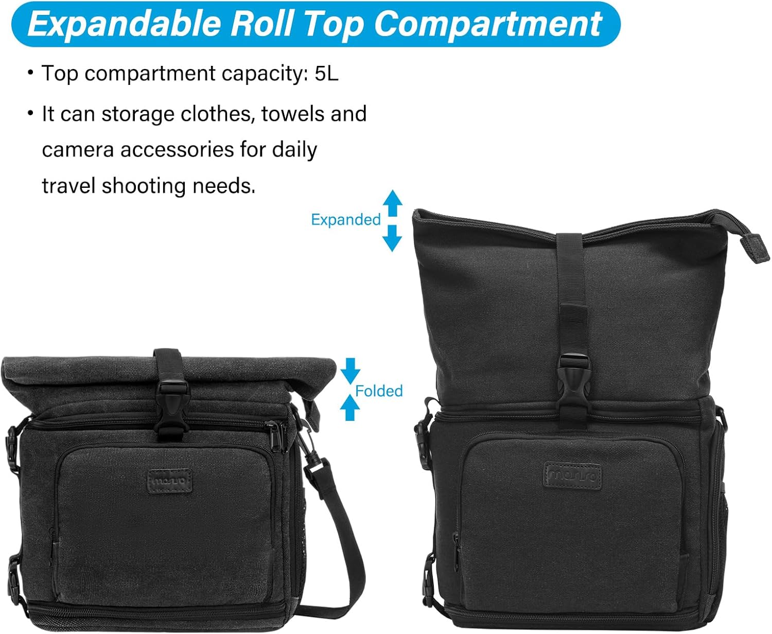 MOSISO Bolsa cruzada para cámara DSLRSLRSLRsin espejo, funda de lona para cámara con compartimento superior enrollable expandible compatible con