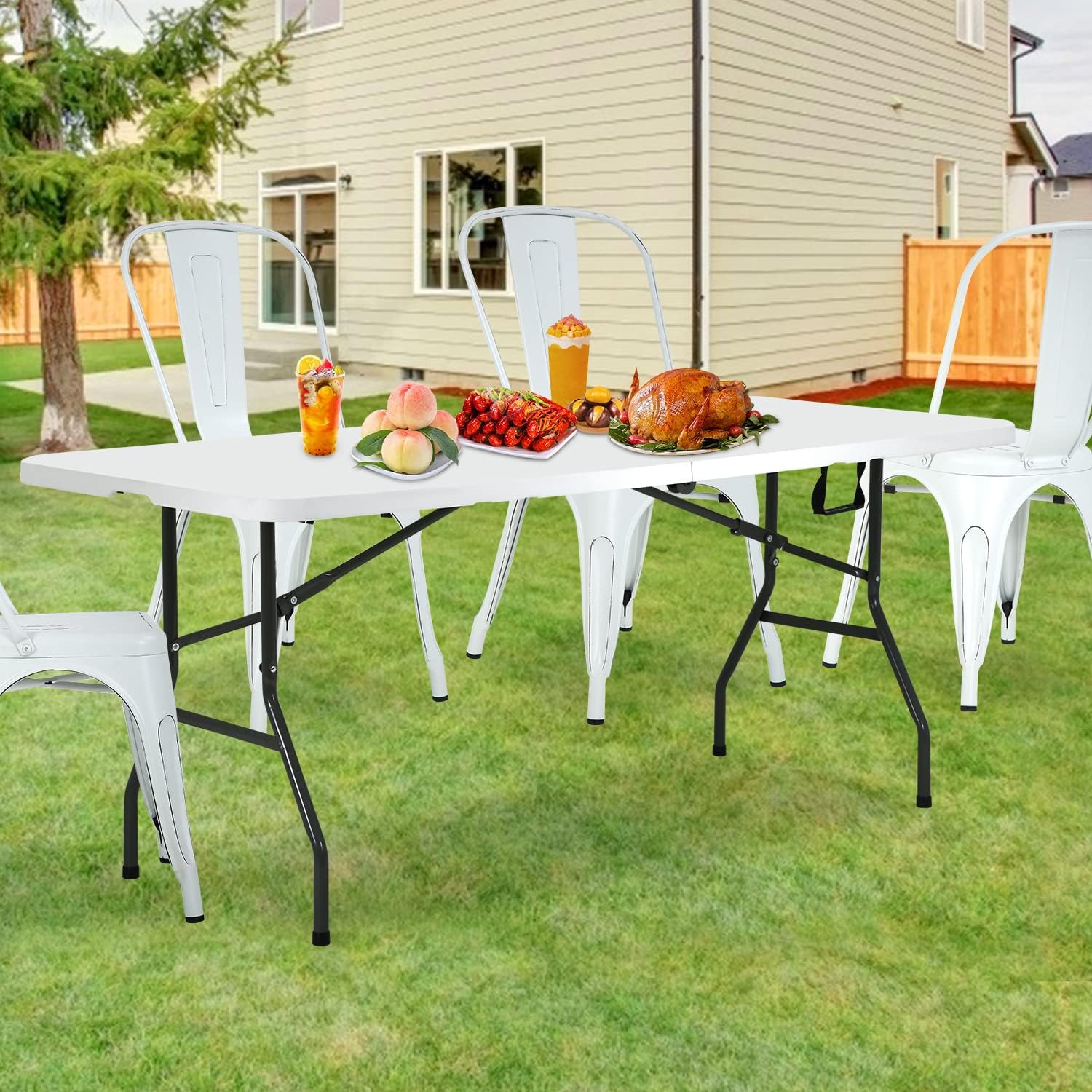 Mesa plegable portátil de 6 pies plegable por la mitad con asa, soporta hasta 500 libras, mesa de comedor para interiores y exteriores para fiestas,
