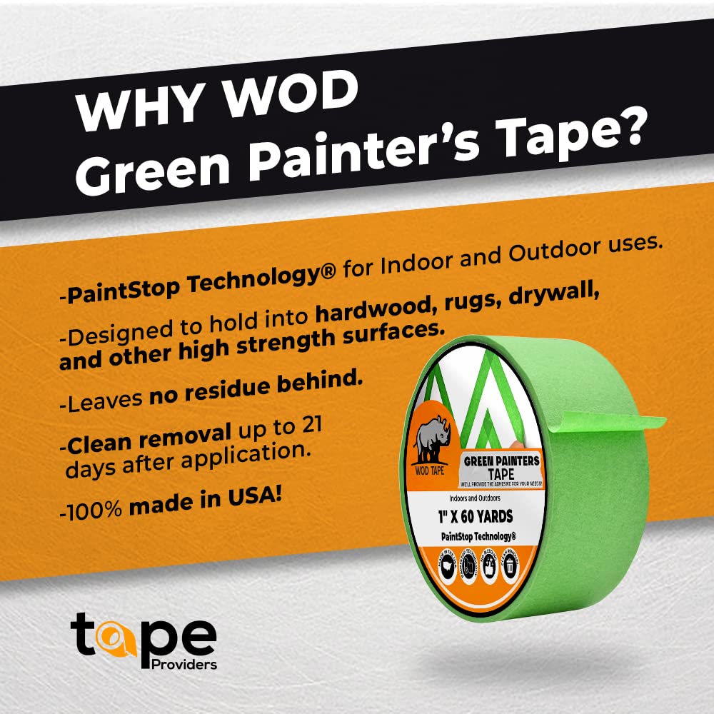 WOD PMT22G Cinta de pintor verde multisuperficie  1 pulgada x 60 yardas. Cinta adhesiva gruesa y ancha para pisos, techos, acabado de bordes,