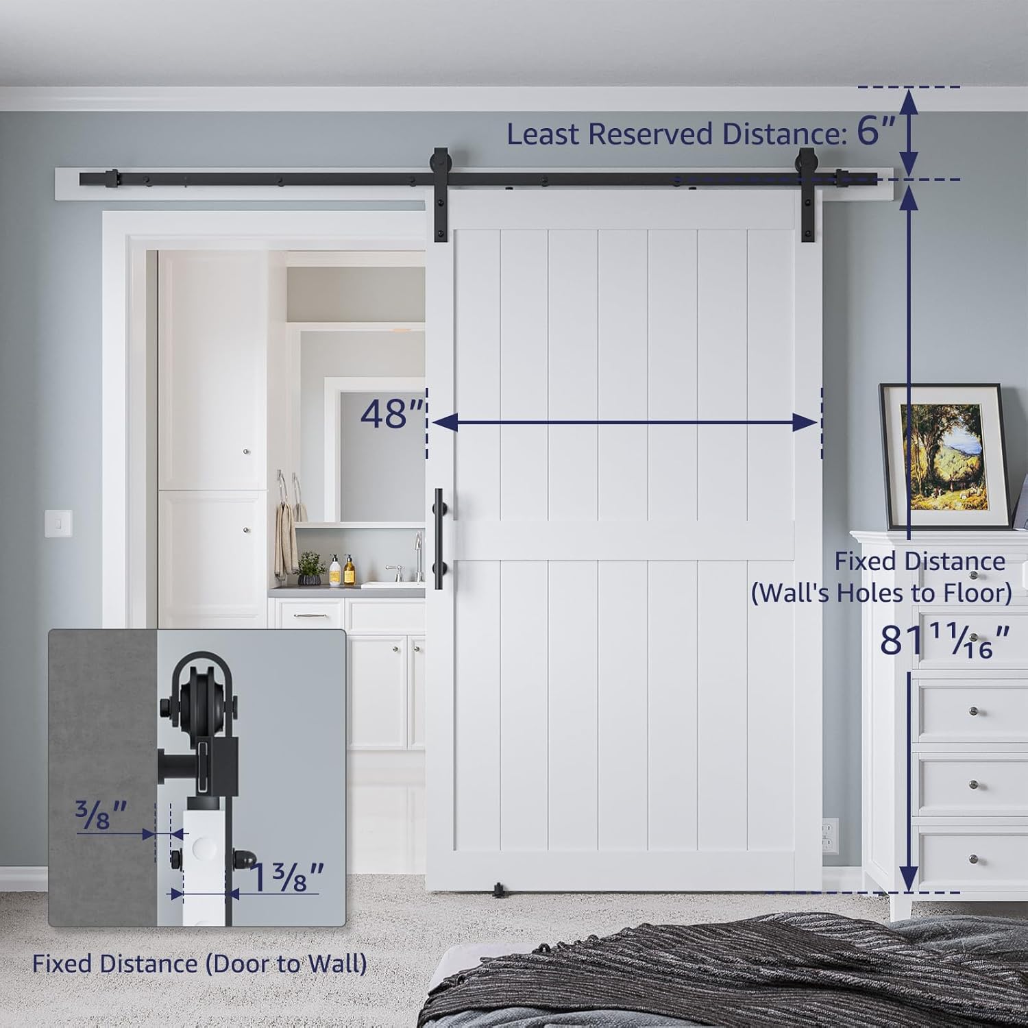 Puerta corrediza de granero MDF de 48 x 80 pulgadas con kit de herrajes para puerta de granero de 8 pies y asa, agujeros preperforados, fácil