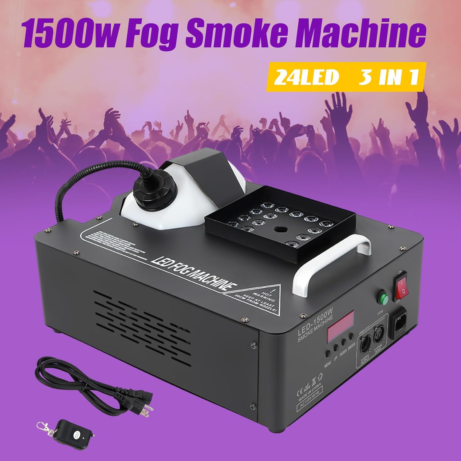 DYRABREST Máquina de niebla, máquina de humo LED de 24 RGB, 3 en 1, 1500 W, para fiesta, DMX inalámbrico, para DJ, escenario, con control remoto,