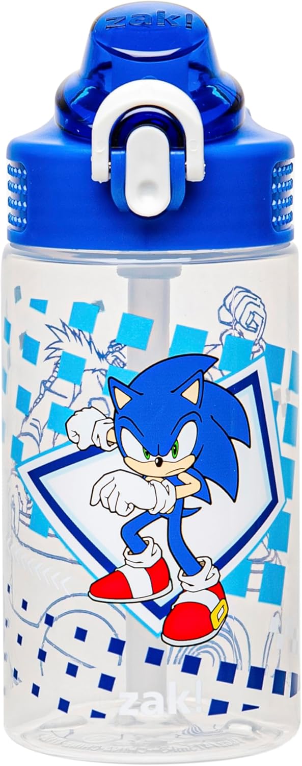 Zak Designs Sage Sonic the Hedgehog Botella de agua para niños, escuela o viajes, plástico duradero, 16onzas, con popote, asa, tapa, boquilla