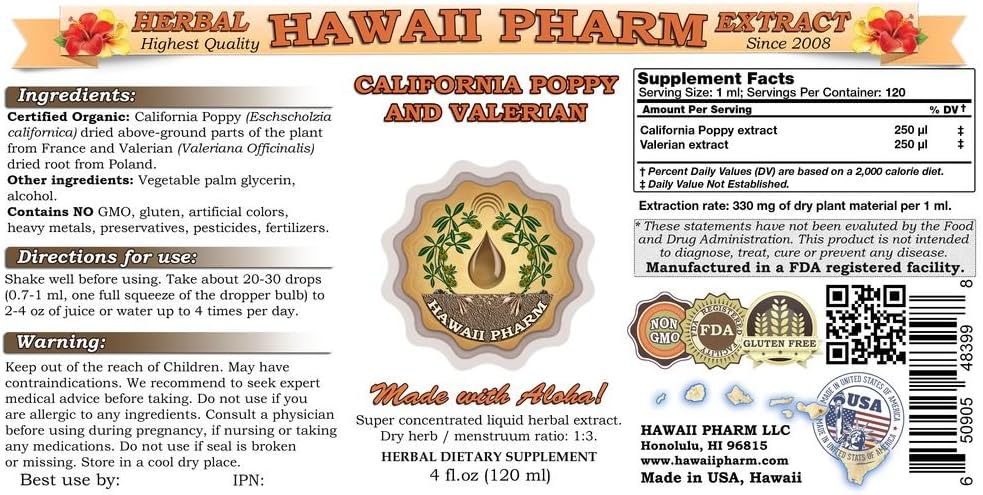 Extracto líquido de amapola y valeriana de California, tintura orgánica de amapola de California (Eschscholzia Californica) y valeriana (Valeriana