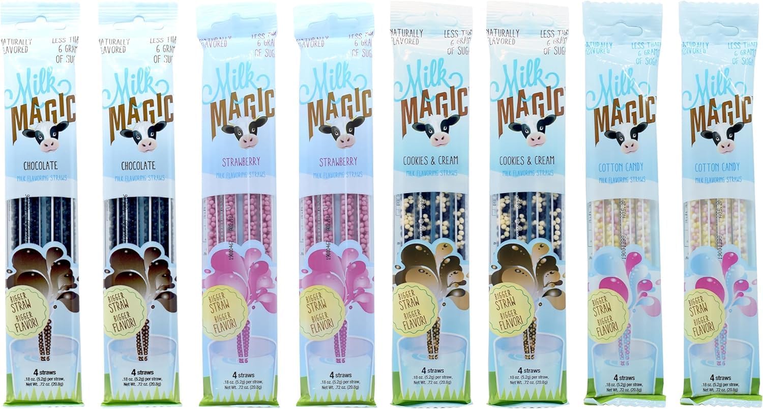 Milk Magic Magic – Pajitas aromatizantes de leche (32 pajitas de leche) Los sabores incluyen 2 galletas y crema, 2 chocolate, 2 fresas y 2 pajitas