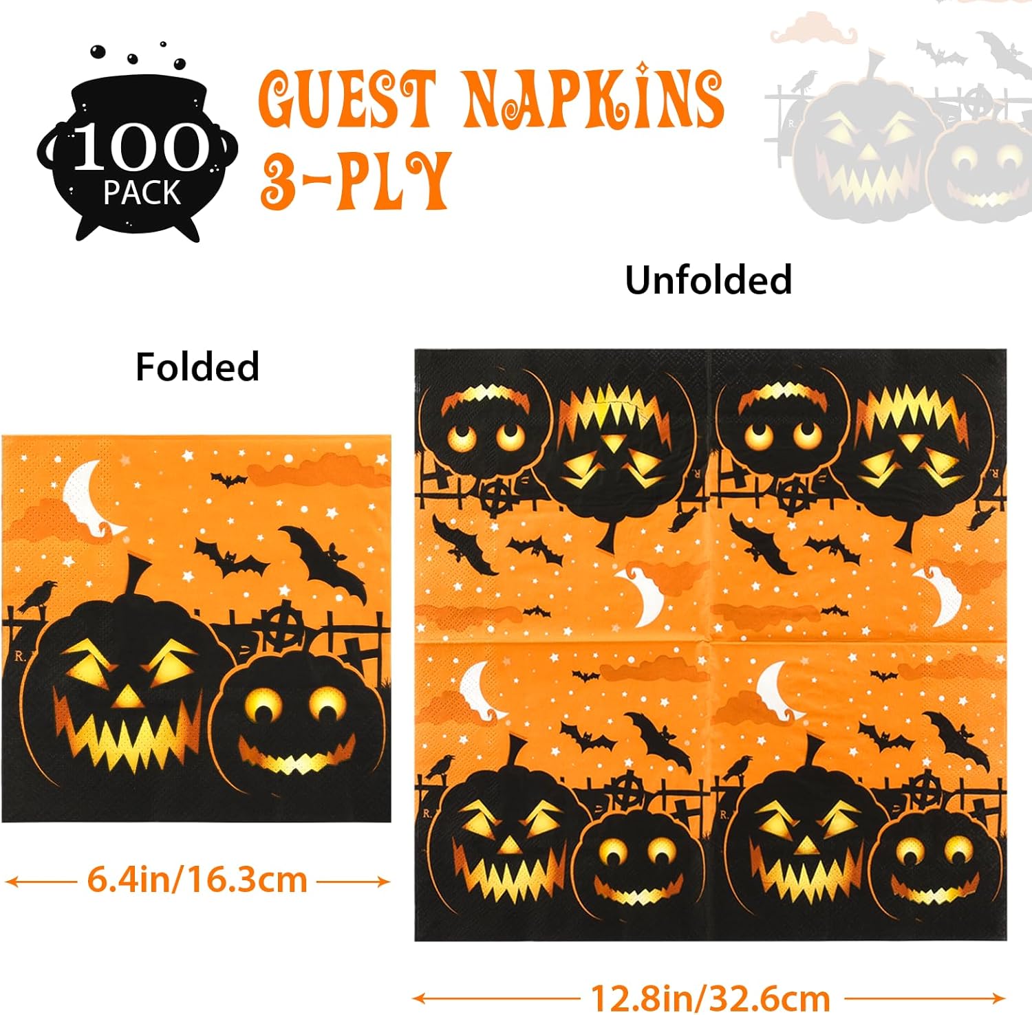 100 servilletas de Halloween de papel, calabazas de papel, cócteles, bebidas, almuerzo, servilletas de cena, suministros de fiesta, decoraciones de