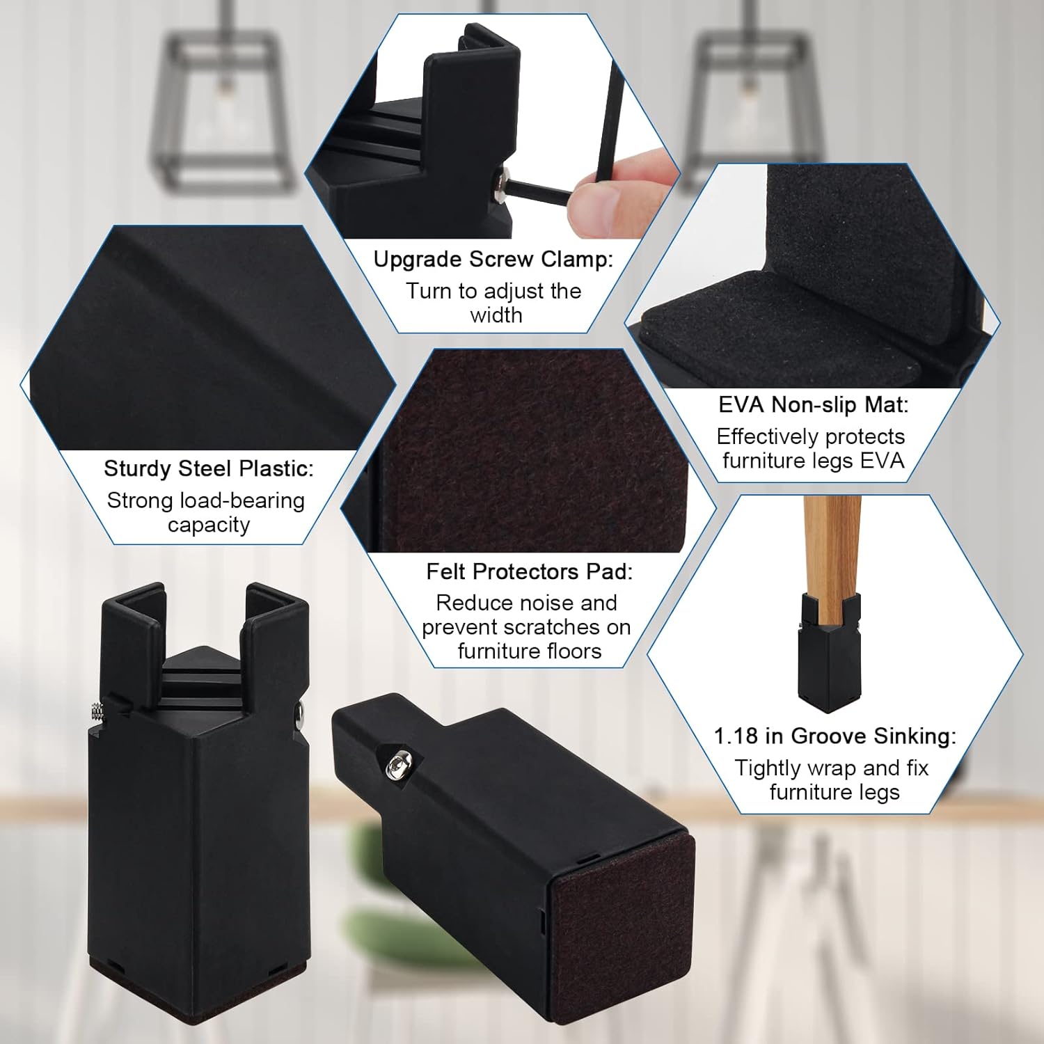 Catcan Paquete de 4 elevadores de cama ajustables de 4 pulgadas, elevadores de muebles con abrazadera de tornillo ajustable, para patas de muebles,