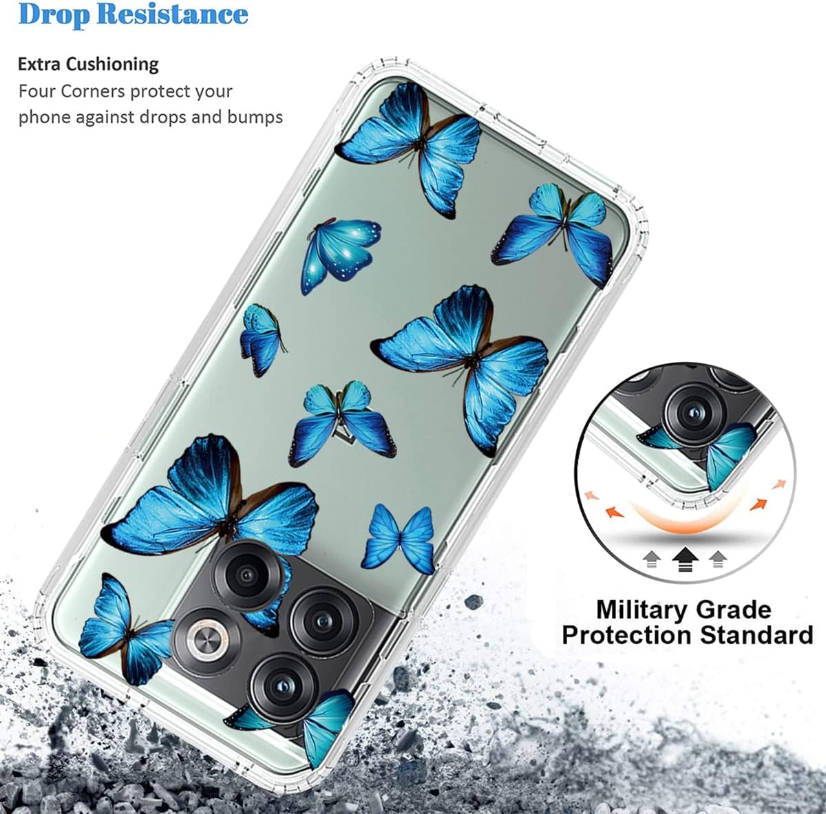 Funda para OnePlus 10T 5GOnePlus Ace Pro, CPH2415 con protector de pantalla de vidrio templado, funda protectora de TPU transparente floral a prueba