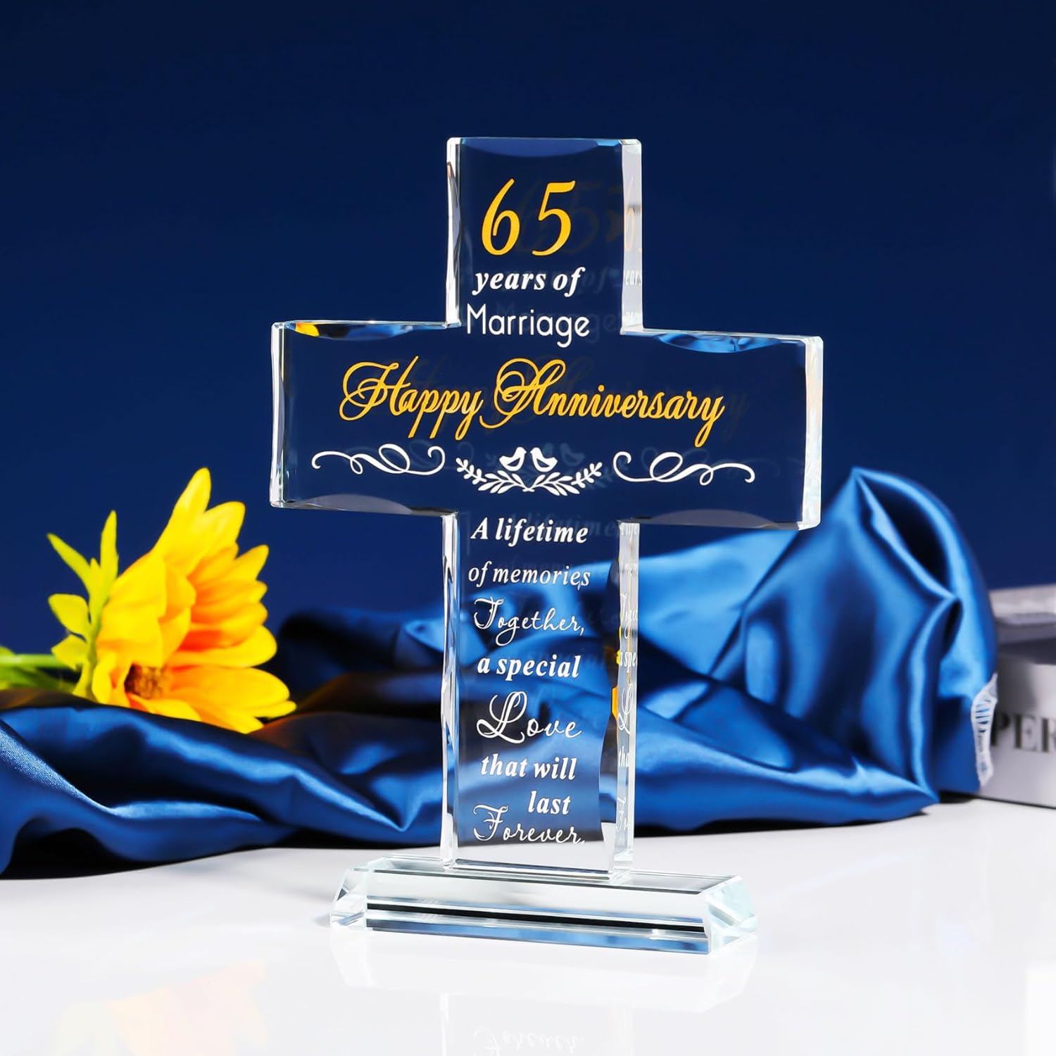 YWHL Regalos de cruz de 65 aniversario de boda para padres y abuelos, decoración de fiesta de 65 años, recuerdo de cruz de cristal para pareja