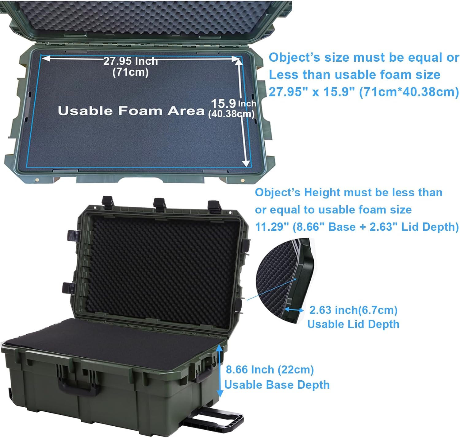 Regetek Funda rígida impermeable, 33 x 21 x 14 pulgadas, funda para equipo con ruedasespuma personalizable, funda de rodillo de engranajes para