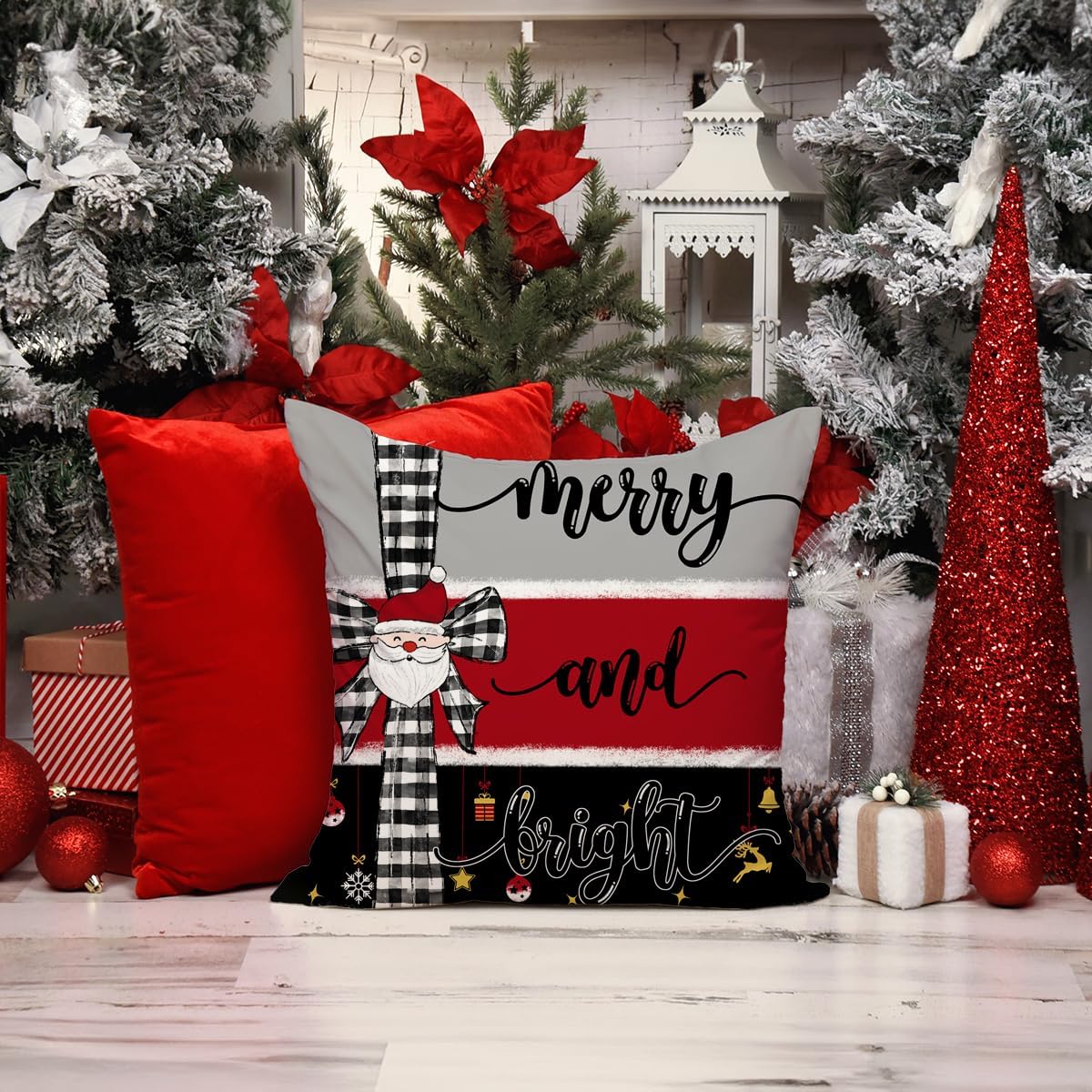 Juego de 4 fundas de almohada navideñas de búfalo de 20 x 20 pulgadas, diseño de muñeco de nieve de Papá Noel, copos de nieve, decoraciones