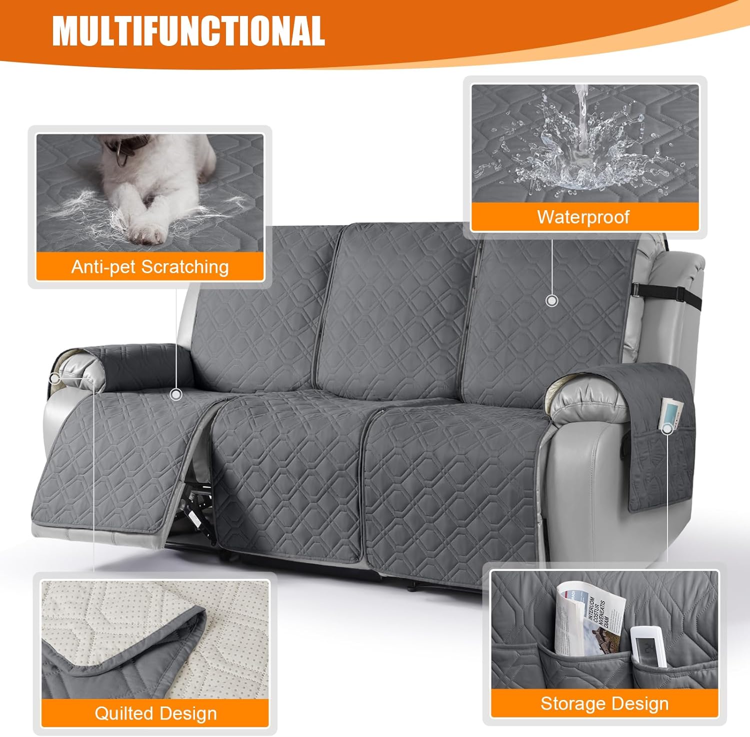 Funda impermeable para sofá reclinable, funda para sofá, lavable y reclinable, protector de muebles con correas elásticas, bolsillo para perros,
