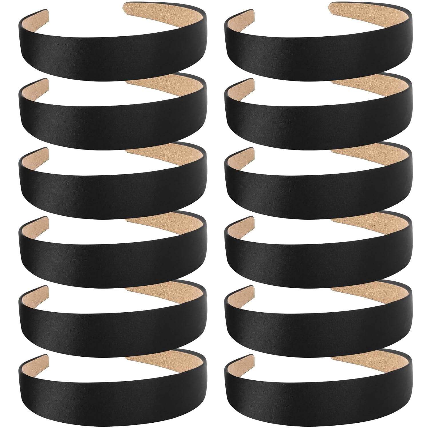 WOVOWOVO Paquete de 12 diademas de satén negro para mujer, 1.3 pulgadas de ancho, diadema antideslizante para niñas, banda para la cabeza, linda
