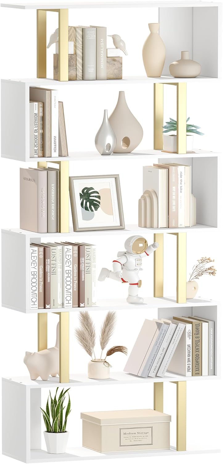 Yusong Estantería geométrica, estantería en forma de S, estantes de libros de 6 niveles para dormitorio, estante decorativo de madera moderno,
