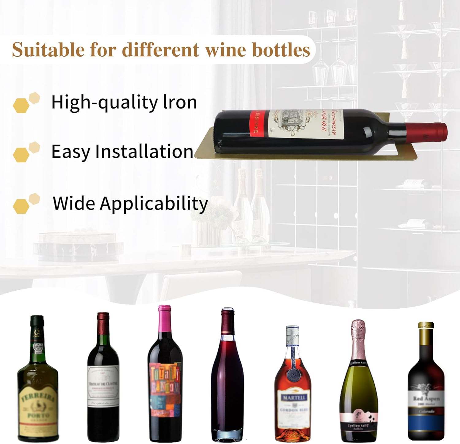 Estante para vino montado en la pared, soporte de metal negro para botellas de vino, soporte de pared para botellas de vino estándar, almacenamiento
