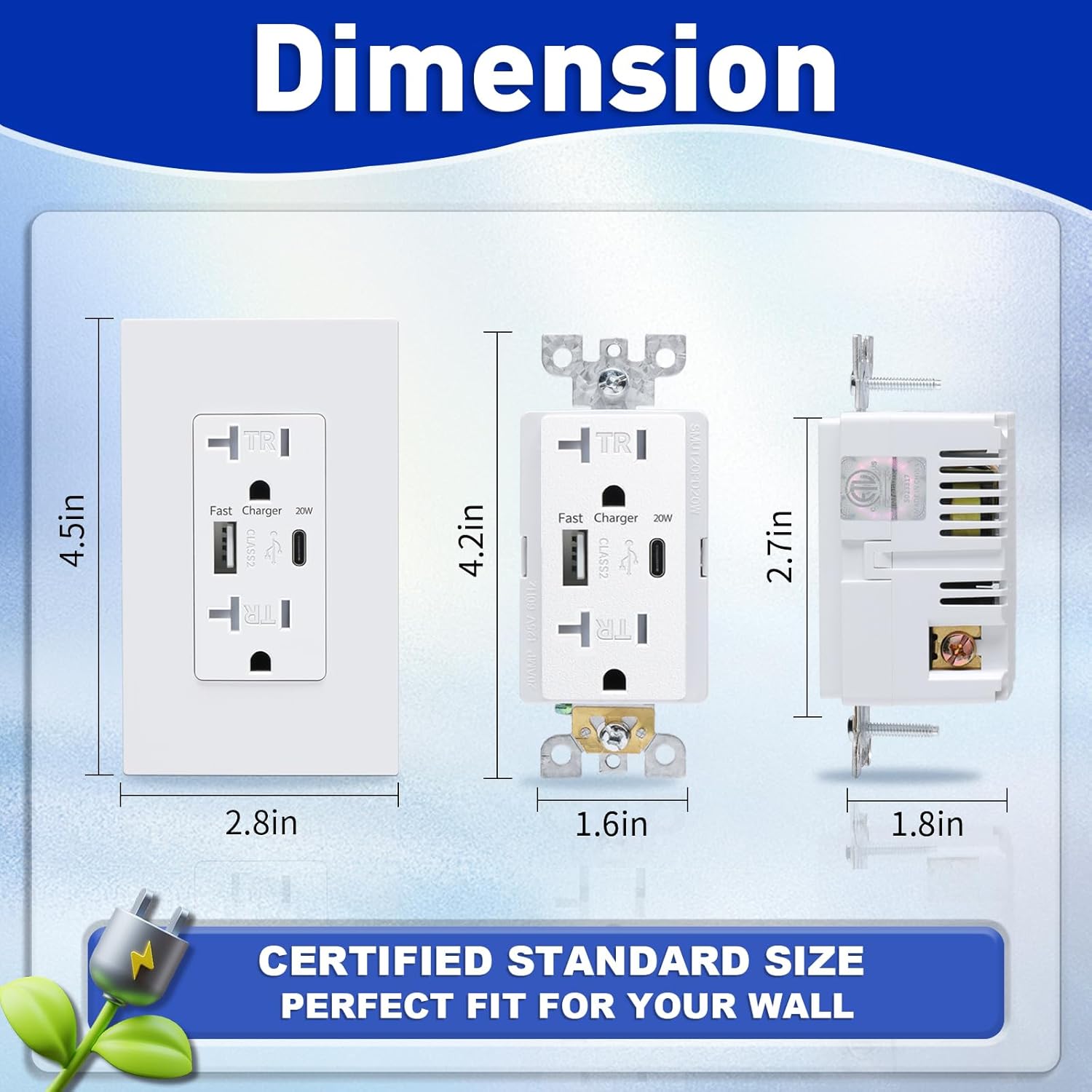 3GRACE Tomacorriente de pared USB, cargador USB con puertos USB C de 4.2 A, enchufe dúplex de 20 amperios resistente a manipulaciones con toma