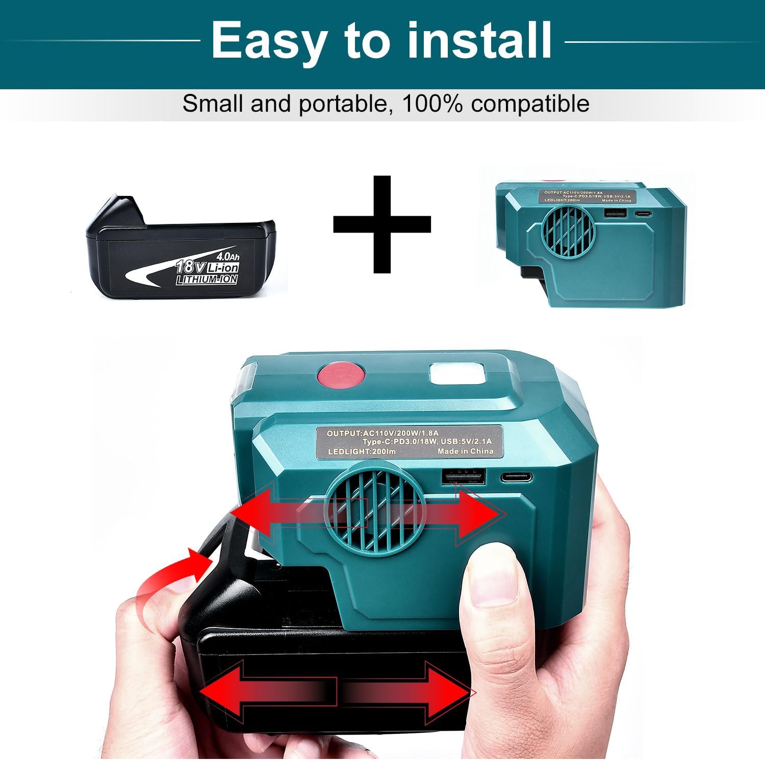 Inversor de corriente de 200 W para batería Makita de 18 V, con salida de CA y USBtipo C, luz LED de 200 lúmenes, 18 V CC a 120 V CA para