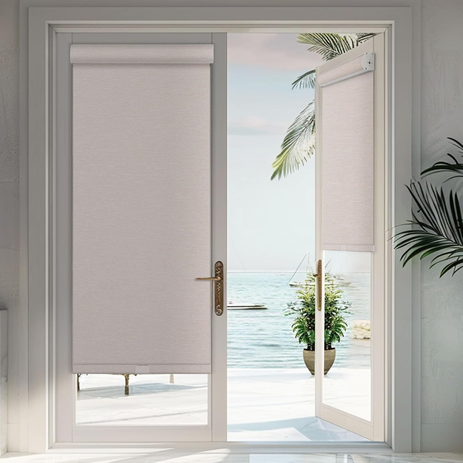 Persianas enrollables opacas sin cordones de jacquard a rayas con cenefa de cassette, aislamiento térmico, protección UV, persianas de ventana para