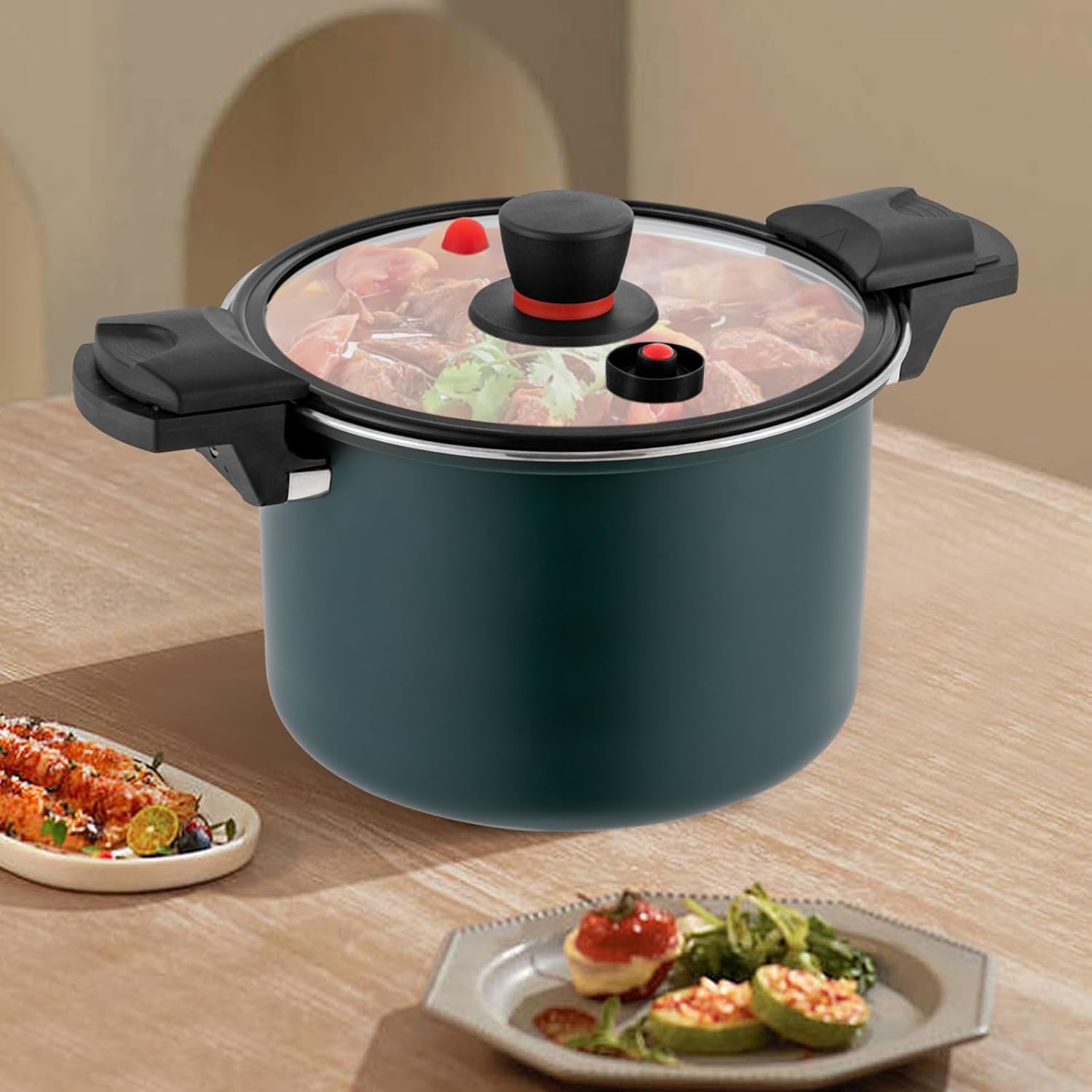 Olla a presión de acero inoxidable de 7.4 cuartos de galón de capacidad, válvula de resorte, dispositivos de protección con tapa de vidrio