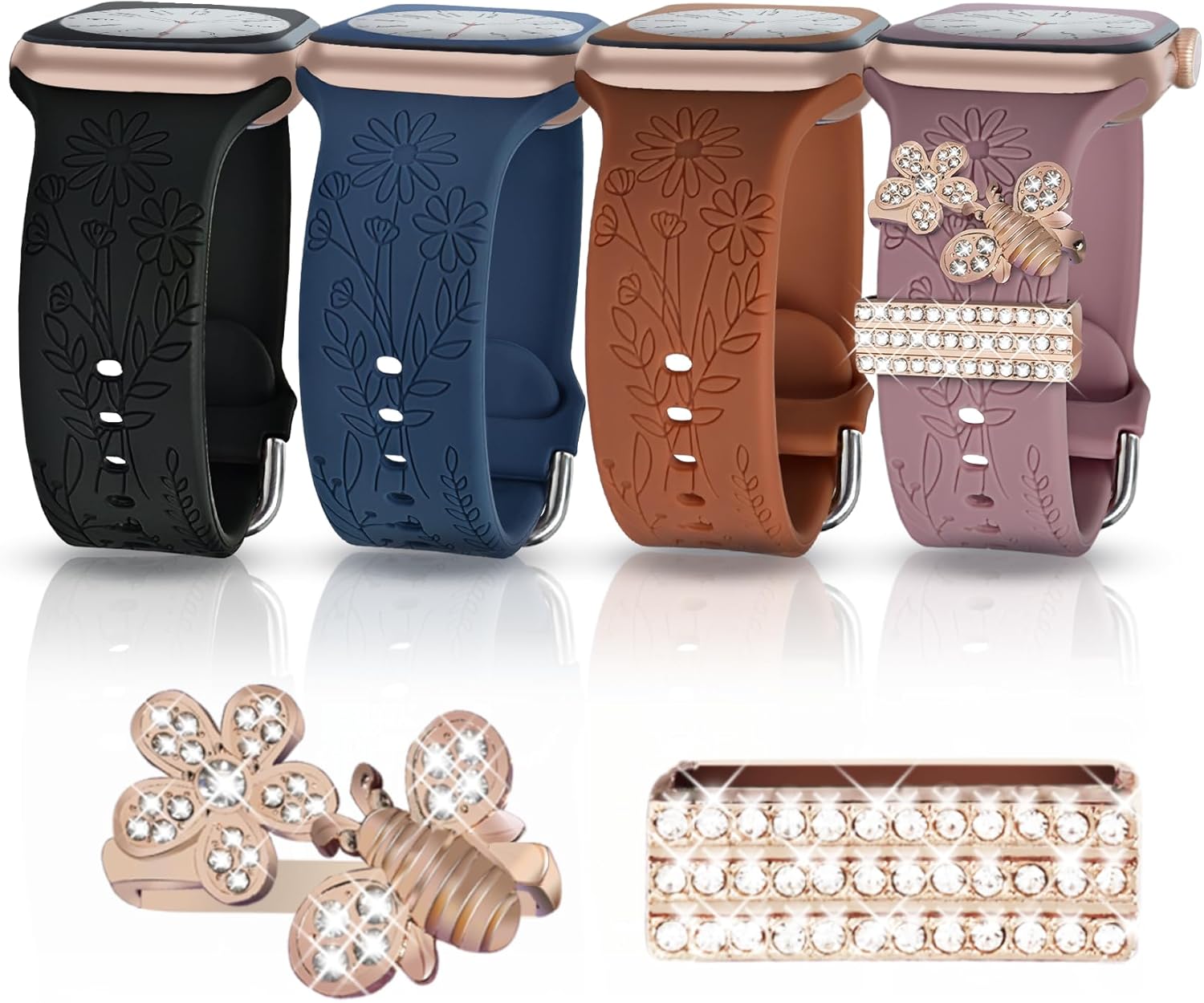 YOPICKERN Paquete de 4 correas grabadas florales con dijes compatibles con Apple Watch Band de 1.575 pulgadas, 1.614 pulgadas, 1.496 pulgadas,