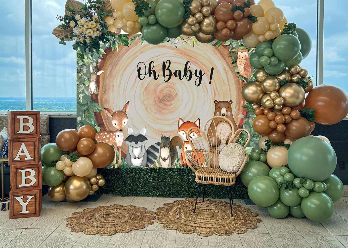 Decoración de baby shower de bosque, 1 telón de fondo de animales del bosque, 4 piezas, caja de grano de madera con letra de bebé, 115 piezas, verde
