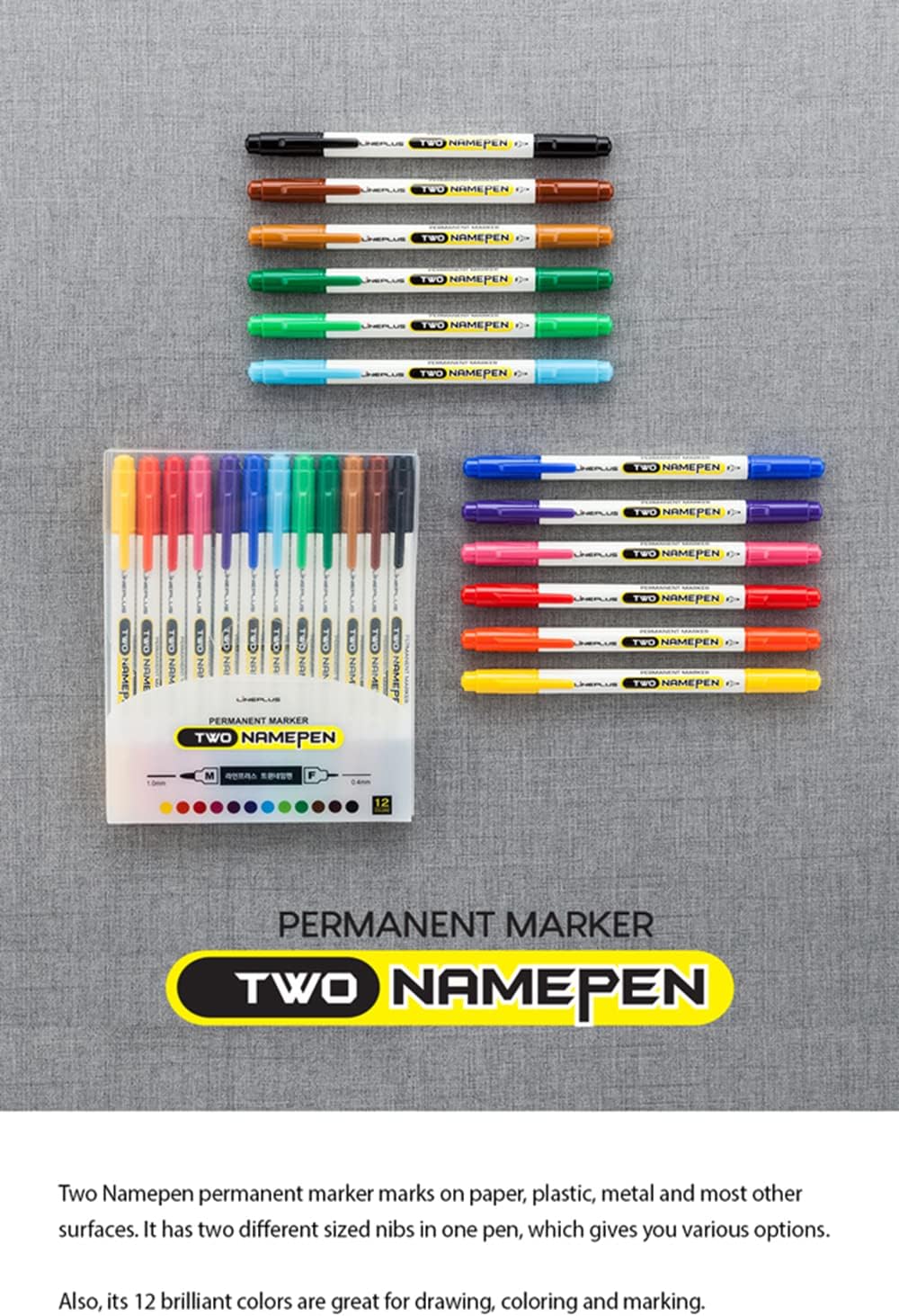LINEPLUS Marcadores permanentes de doble punta de 12 colores – Puntas finascinceles versátiles para uso en múltiples superficies
