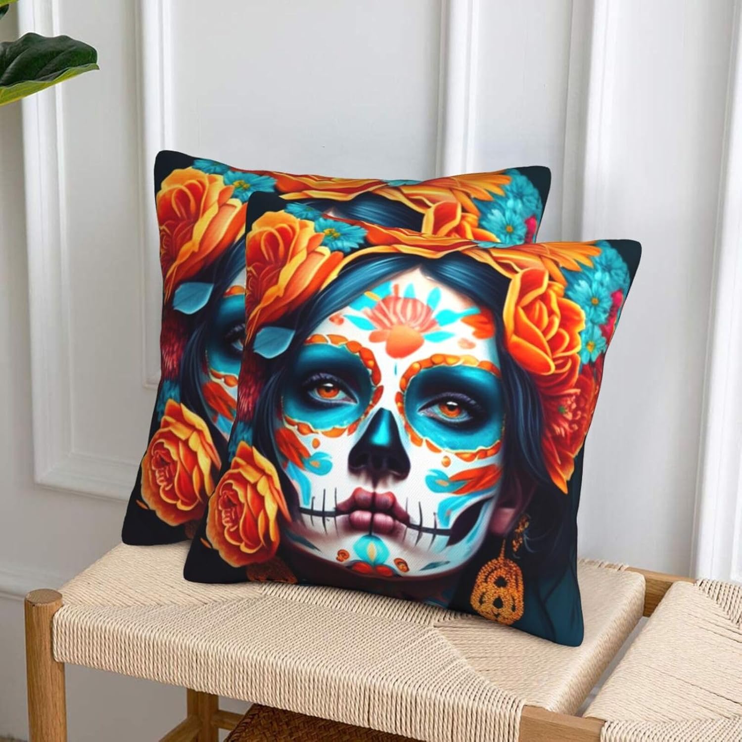 2 fundas de almohada del Día de los Muertos, fundas de almohada decorativas para mujer, diseño de calavera mexicana, funda de cojín cuadrada para