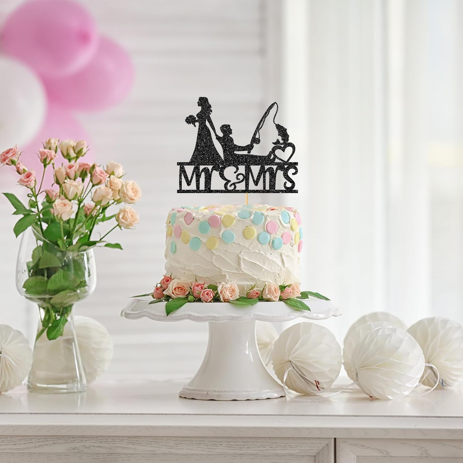 Decoración para tartas de pesca Mr & Mrs – Suministros para pasteles de fiesta de boda de pesca, decoración de fiesta de despedida de soltera,