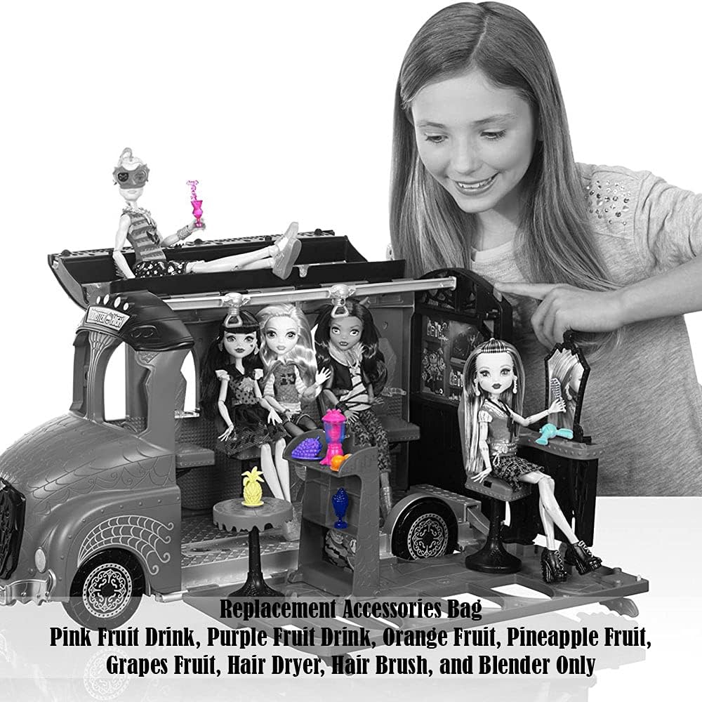 Piezas de repuesto para Monster High Deluxe Bus Playset – FCV63  Bolsa de accesorios de repuesto  Bebidas de frutas, secador de pelo, licuadora