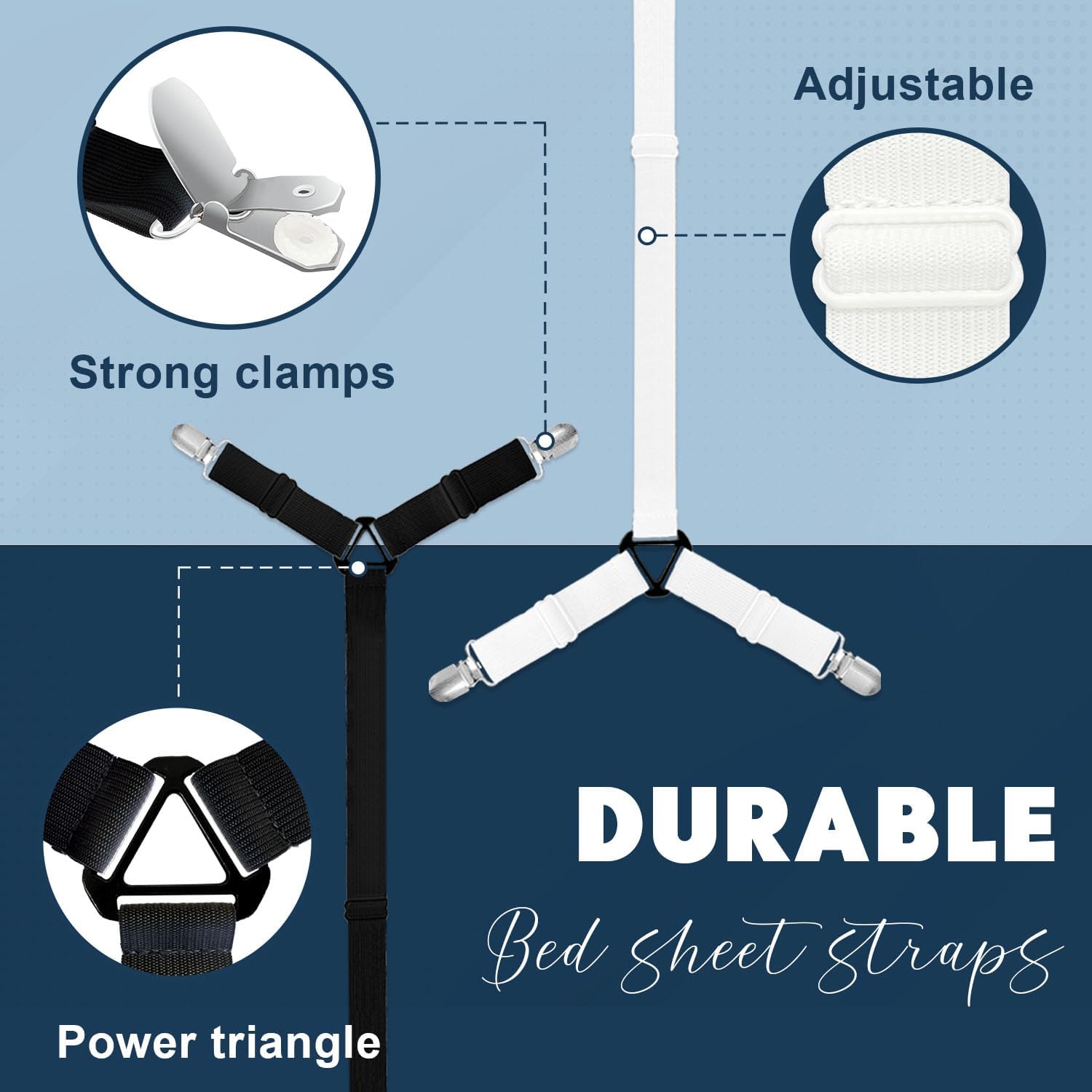 Correas antideslizantes para sábanas, 2 piezas de sujetadores ajustables extendidos para sábanas bajeras, cierres elásticos extra fuertes con clips
