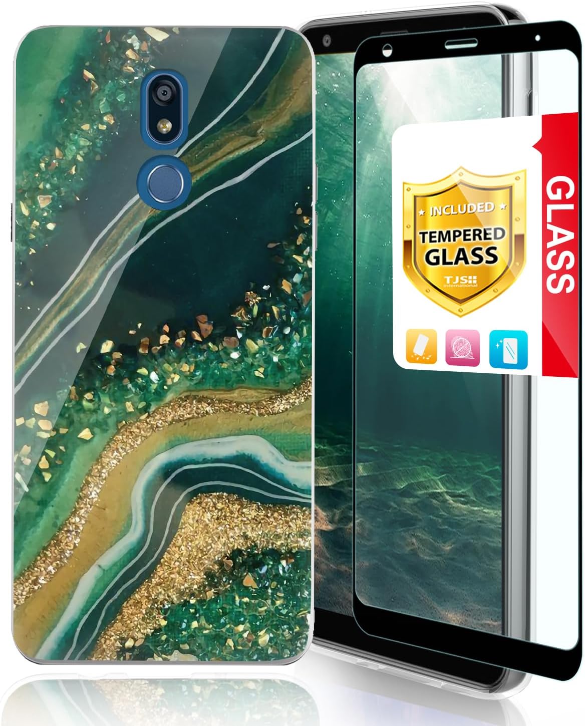 TJS Funda para teléfono compatible con LG K40K12 PlusX4Solo LTEHarmony 3Xpression Plus 2, protector de pantalla de vidrio templado de cobertura