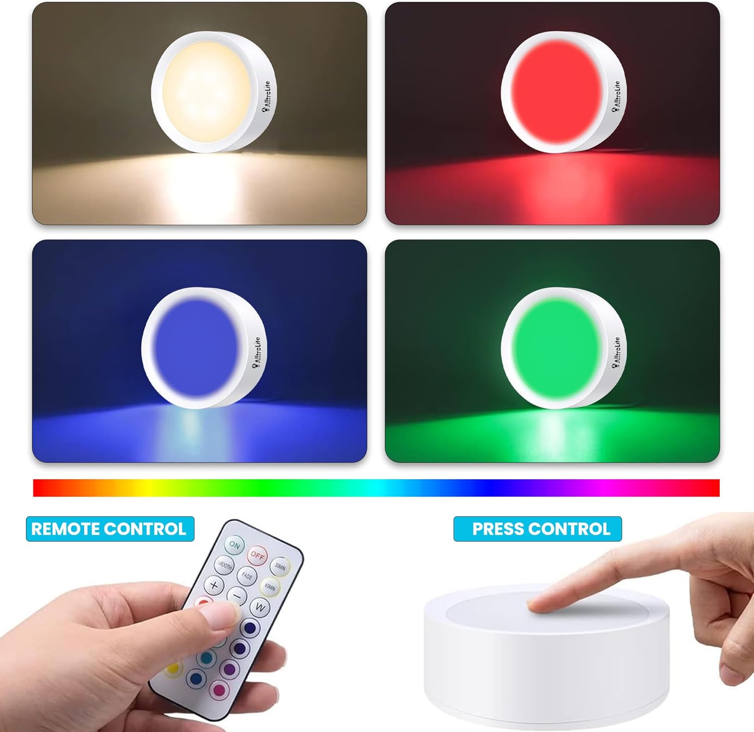 AlltroLite FA7835 Color Changing LED Puck Lights with 2 Remotes (6 Pack)  13 RGB Colors Changing Battery Operated Lights for Under Cabinets with