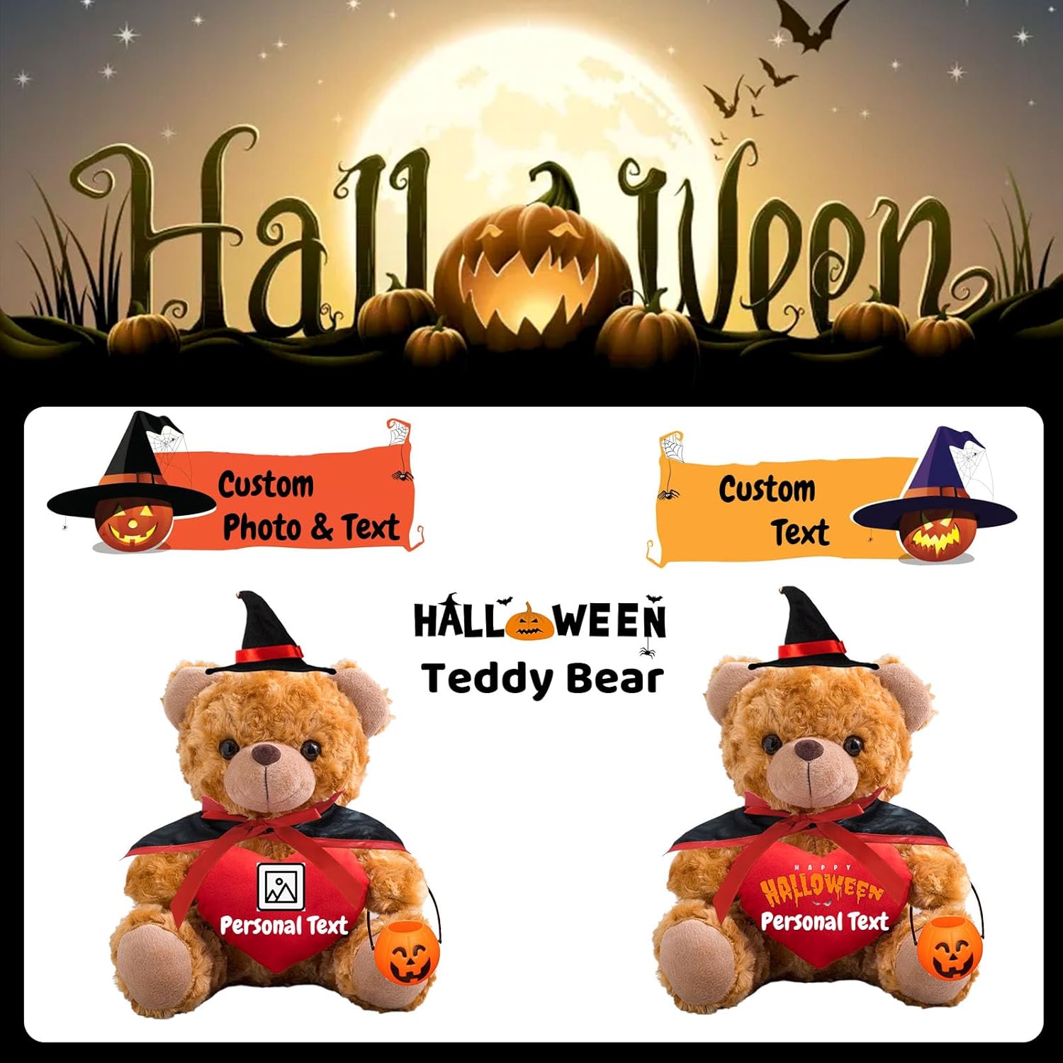 Oso de peluche de Halloween con corazón personalizado con texto personalizado, juguetes de Halloween con decoración de calabaza, sombrero y capa de