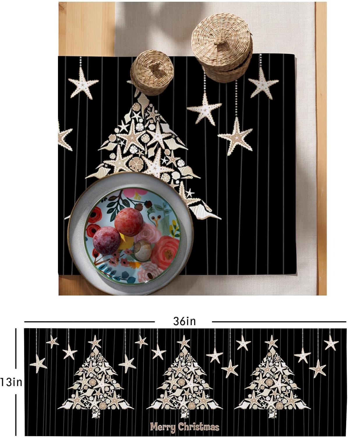 Camino de mesa de árbol de Navidad de 36 pulgadas corto, algodón y lino para cocina, comedor, mesa de café, decoración de tocador, camino de mesa de