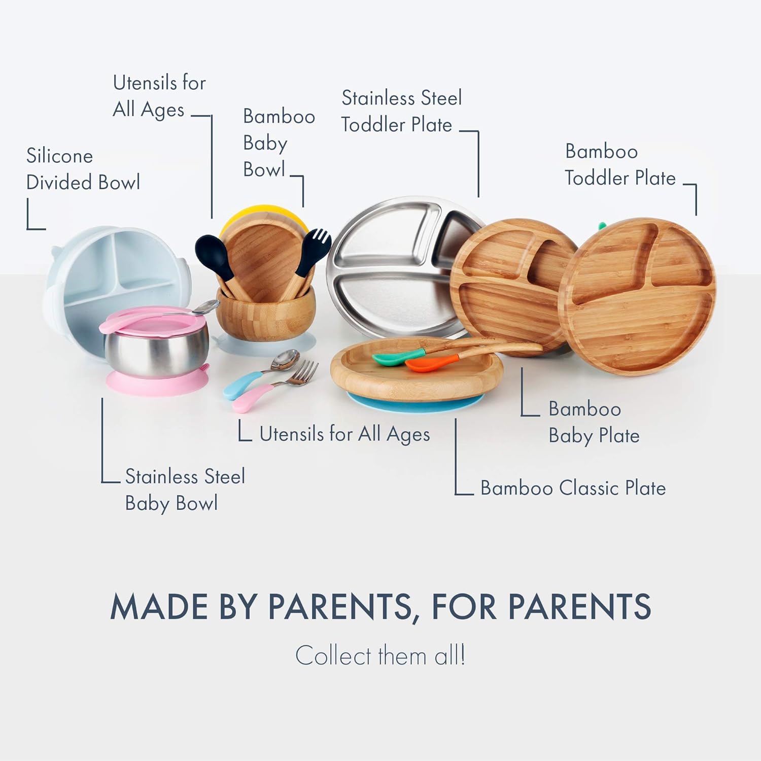 Avanchy Platos clásicos para bebés de bambú no divididos con succión para bebés y niños pequeños con cuchara de silicona para alimentación, color