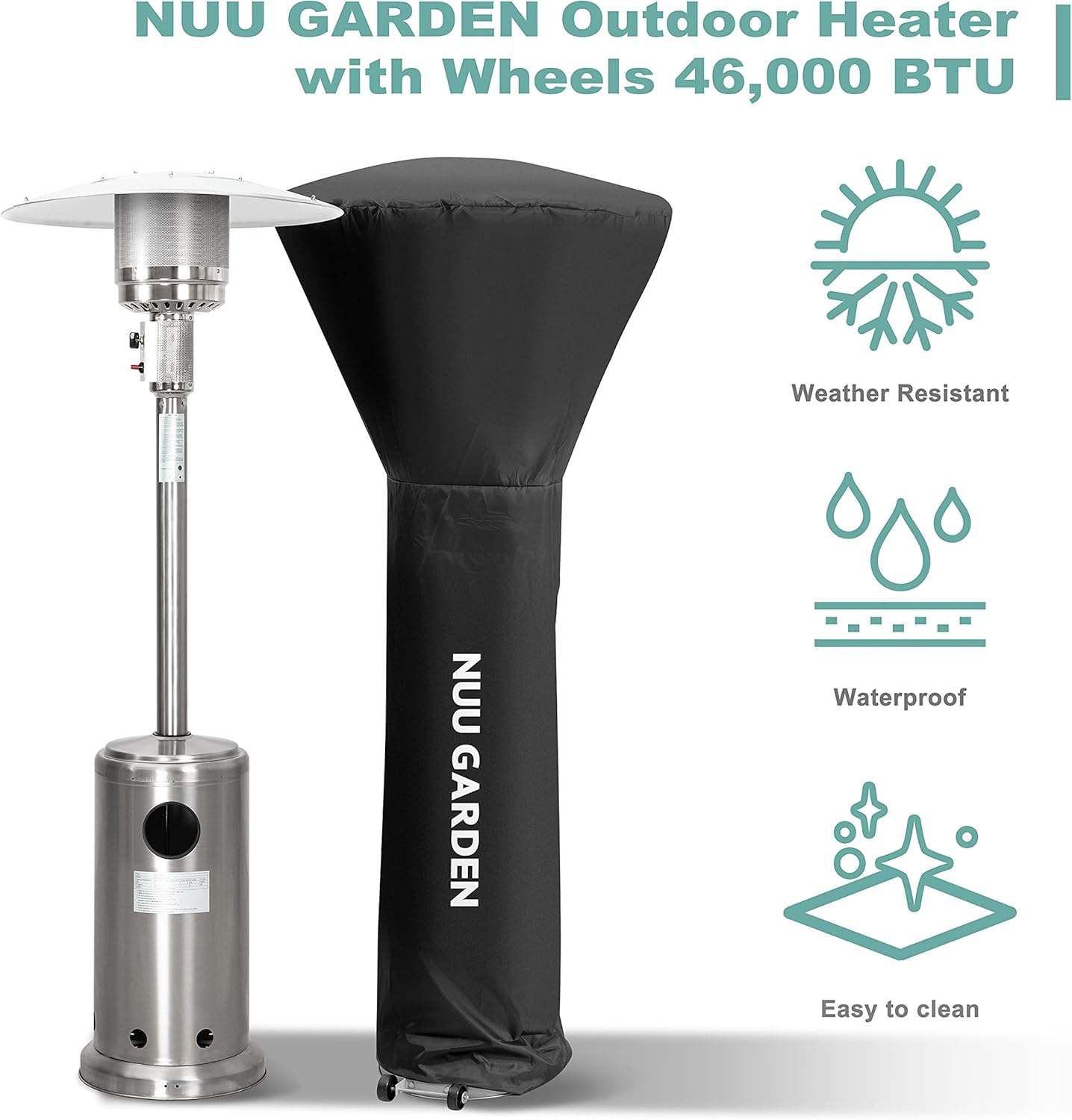 Nuu Garden Calentador de propano para exteriores, calentador de gas de 46,000 BTU para exteriores con ruedas desmontables, calentador portátil de