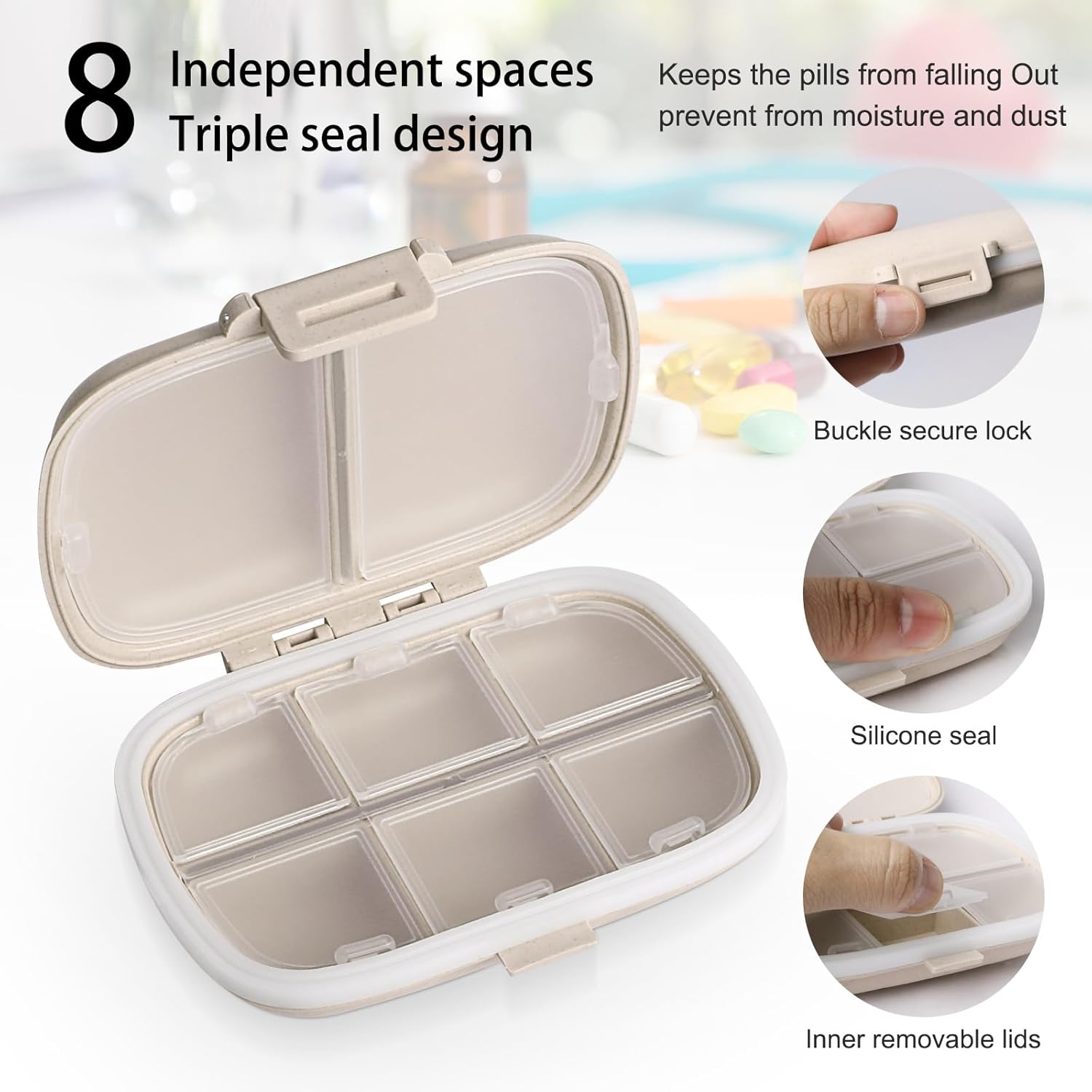Ouzorp Paquete de 2 pastilleros de viaje de 8 compartimentos, pastillero portátil impermeable, estuche para medicamentos, pastillero pequeño para