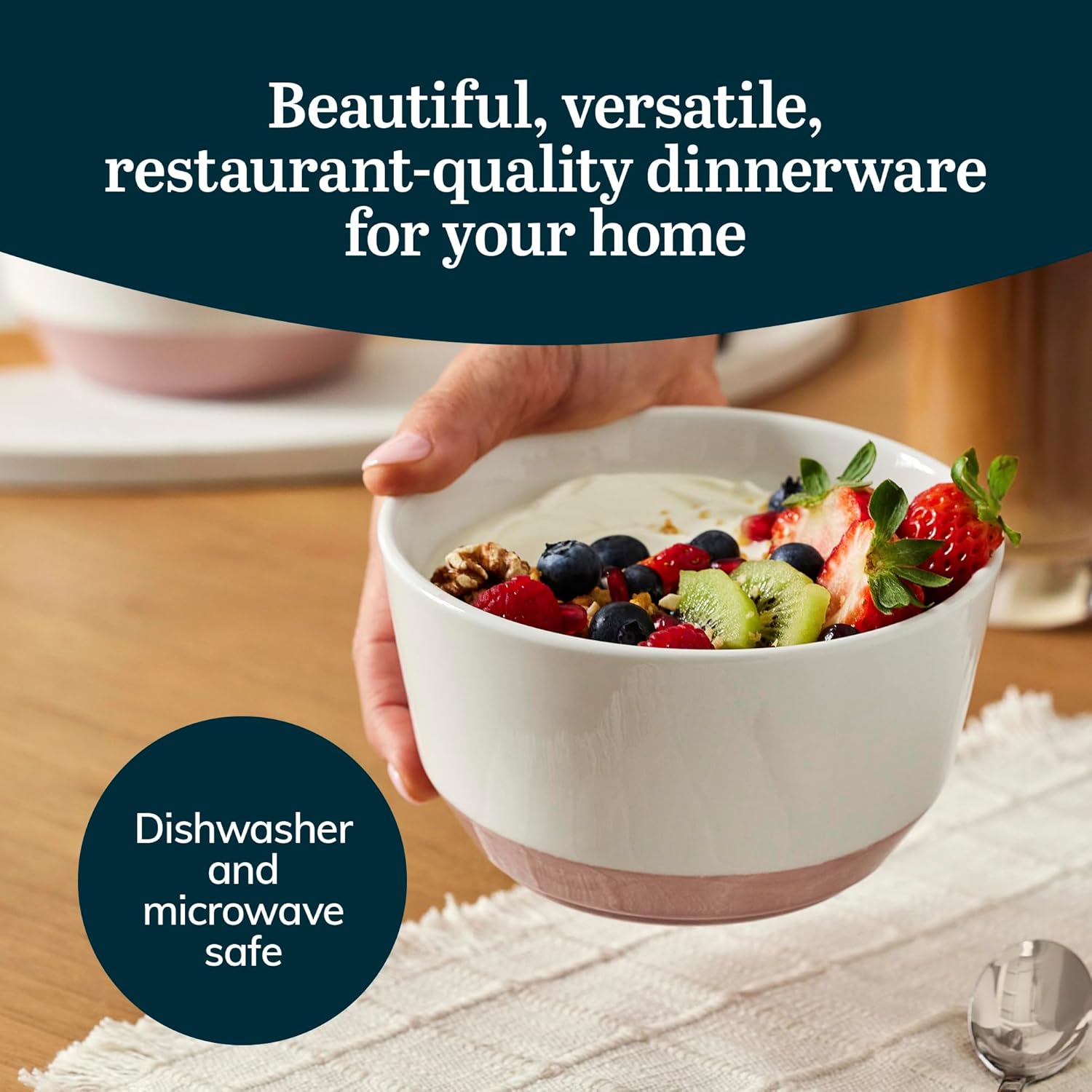 Libbey Austin – Ensaladera de sopa de porcelana de 28 onzas, paquete de 4, rosa sal del Himalaya