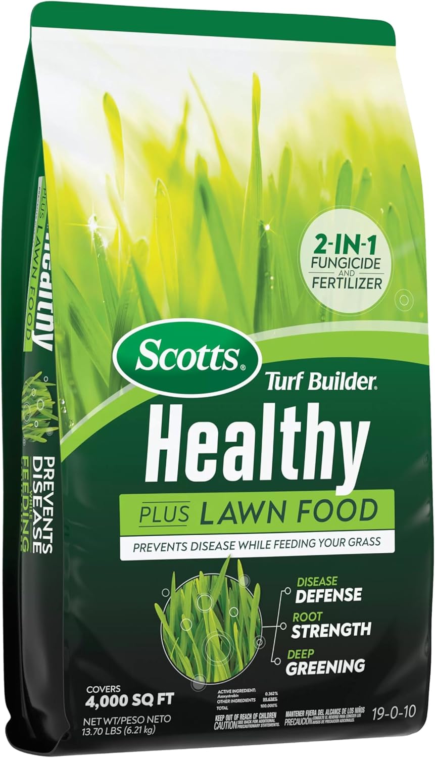 Scotts Turf Builder Healthy Plus – Alimento para césped, fungicida y fertilizante 2 en 1, 4,000 pies cuadrados, 13.70 libras.