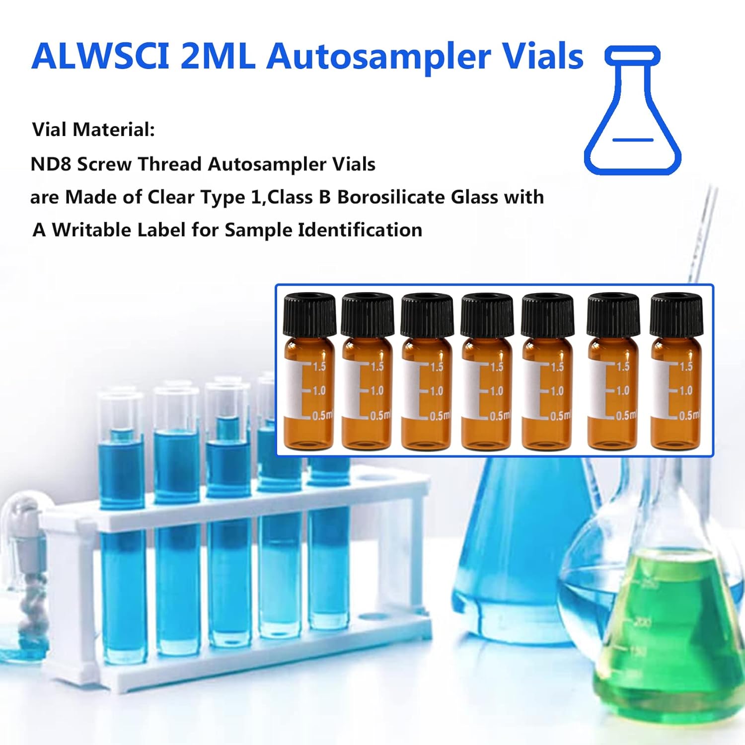 Vial de HPLC de 0.31 fl oz y 0.315 pulgadas, vial de muestras de borosilicato con graduación, vial roscado de rosca tipo 8-425, tapón de rosca negro