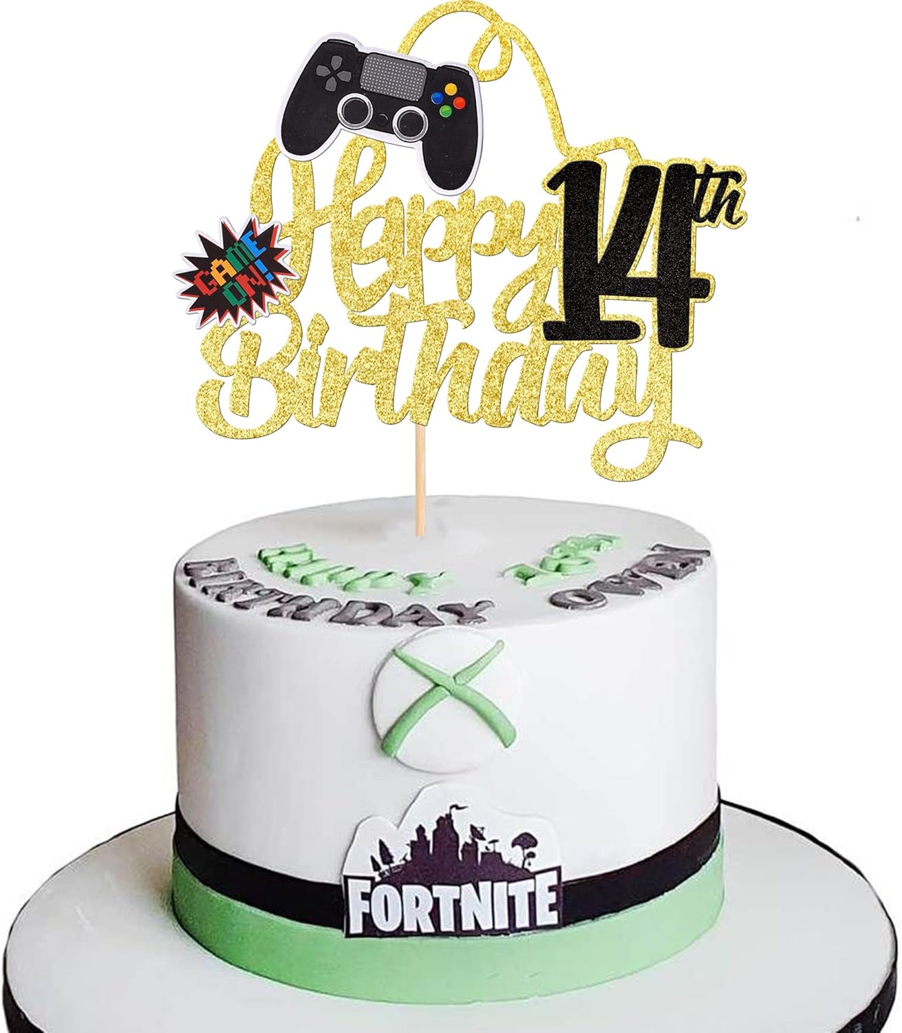 1 pieza de decoración de pastel de feliz cumpleaños 14 con purpurina para videojuegos, juego de selección de pasteles en controladores, catorce