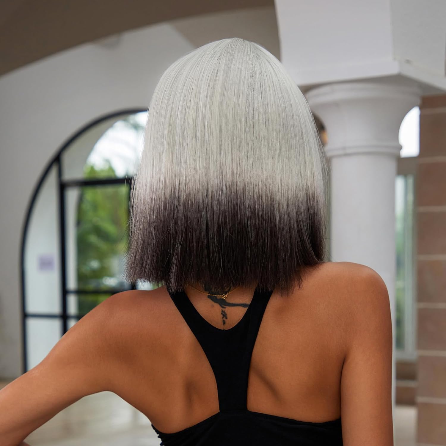 Pelucas Bob de color gris degradado para mujeres negras, peluca corta y recta de 14 pulgadas con flequillo, peluca sintética de aspecto natural,