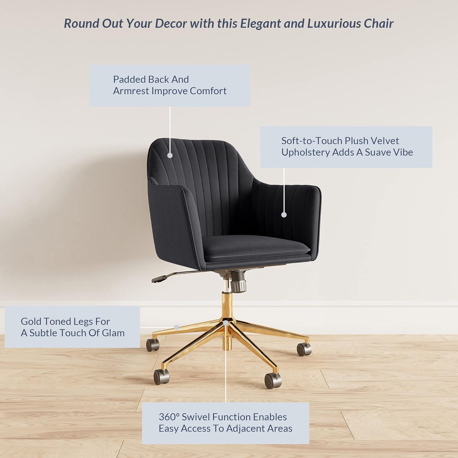 BELLEZE Silla de escritorio moderna tapizada de terciopelo con ruedas giratorias y altura ajustable, sillón decorativo para oficina o tocador,