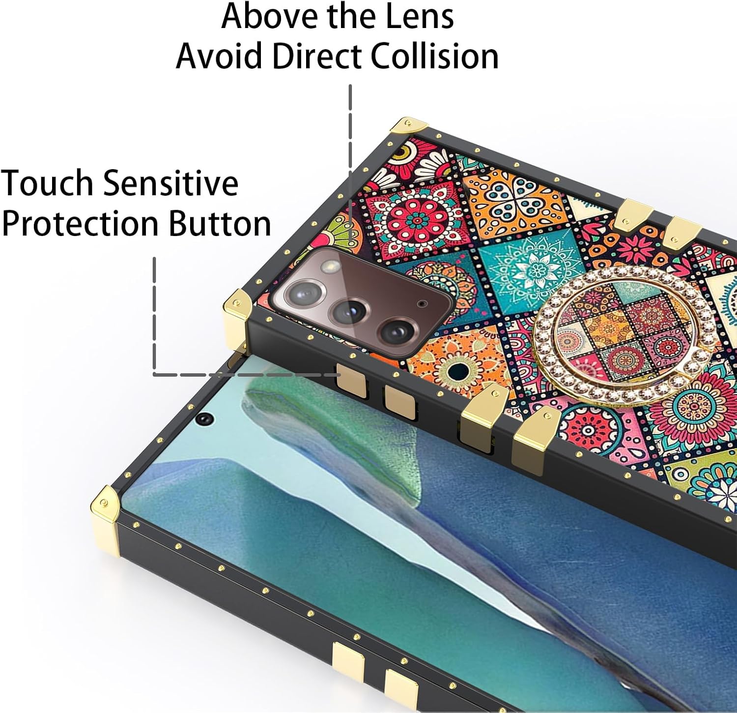 Funda cuadrada para teléfono Samsung Galaxy Note 20 con soporte de anillo y cordón para niñas y mujeres, bohemio, retro, bohemio, mandala, flores