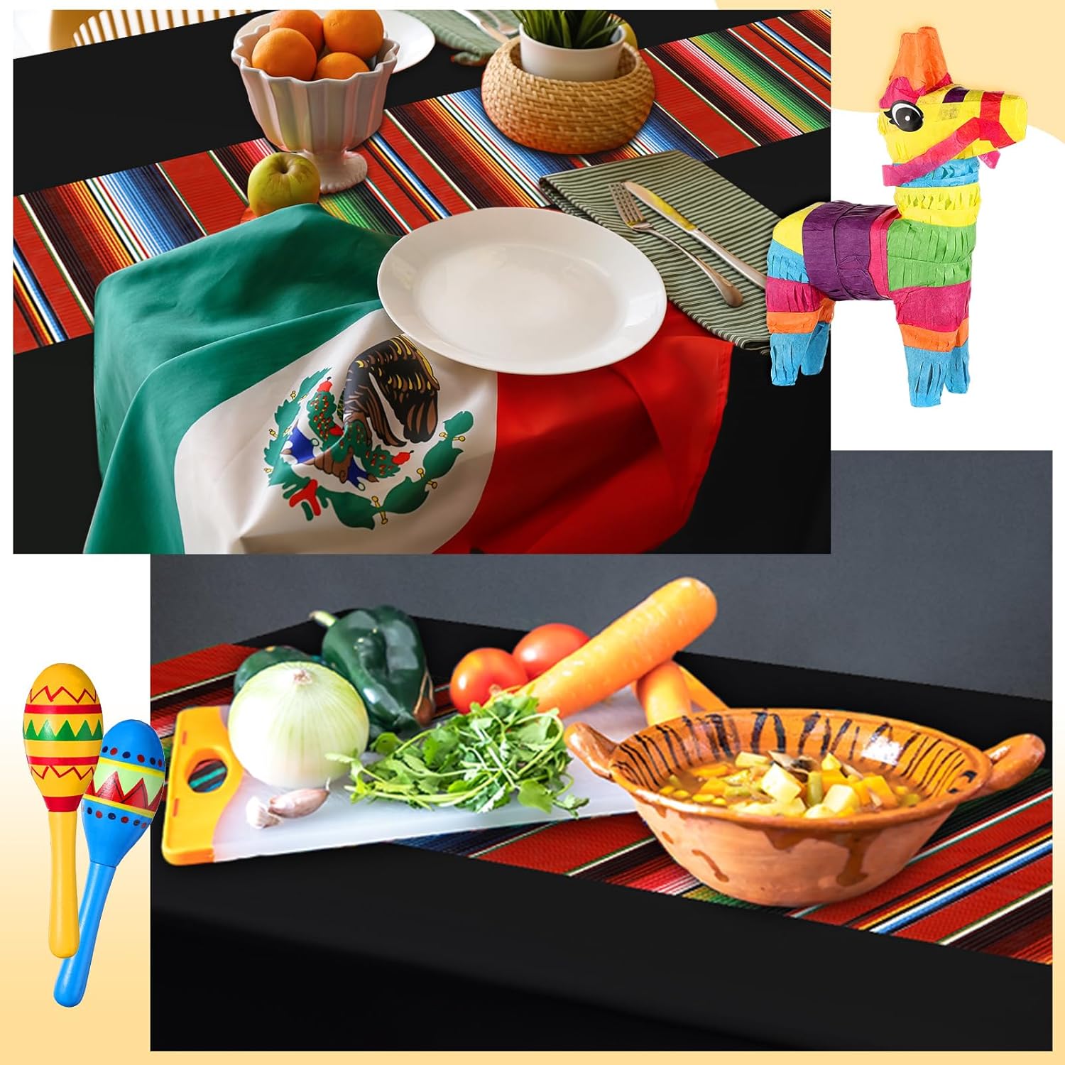 Mantel de fiesta mexicana de 54 x 108 pulgadas, mantel de plástico a rayas para decoración de fiesta mexicana (fondo negro, 6 unidades)