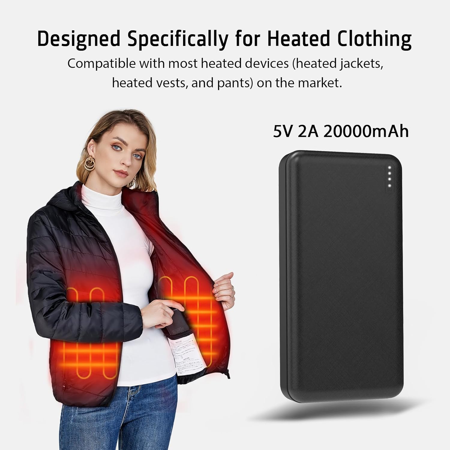 Paquete de batería 5V2A de 20000 mAh para chaleco calentado, chaqueta calentada, banco de energía para calefacción, chalecos eléctricos, chaquetas,